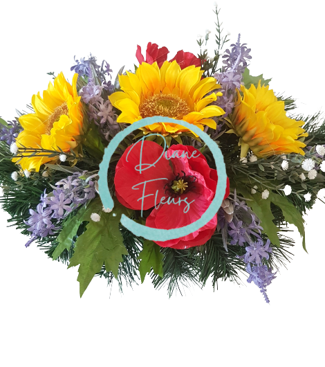 Smútočný aranžmán betonka exclusive umelé slnečnice, vlčí mak, levanduľa & doplnky 60cm x 30cm x 23cm