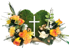 Sympathy arrangement made of artificial Roses, Lilies, Mossy wreath, Angel and Accessories 46cm x 20cm x 28cm