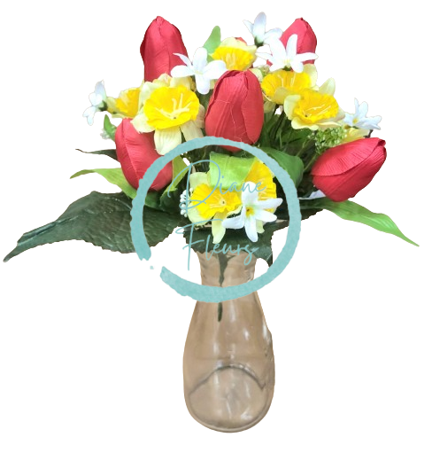 Tulipány a narcisy kytica umelá x12 33cm červená, žltá
