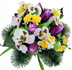 Pogrebni aranžman umjetni tulipani, maćuhice, narcis i dodaci 38cm x 28cm