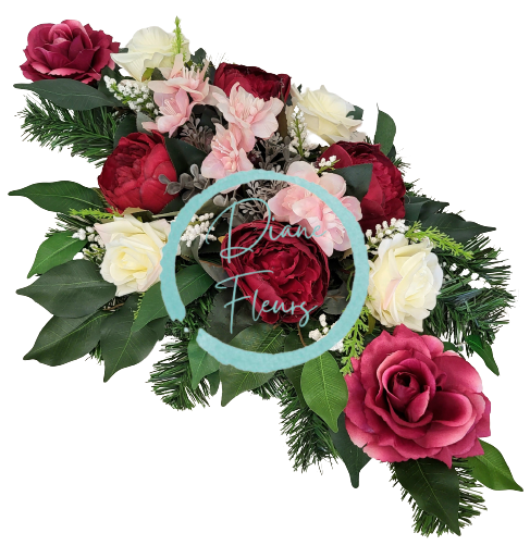 Sympathy arrangement made of artificial Peonies, Roses and Accessories 65cm x 38cm x 23cm