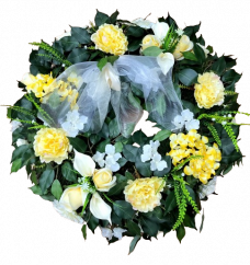 Coroană artificială de pin de lux Decorată exclusiv cu trandafiri artificiali, bujori, hortensii, crini și accesorii 75cm