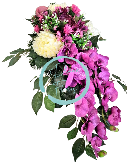 Luxusný aranžmán betonka umelé chryzantémy, pivonky, margaréty, orchidey a doplnky 78cm x 30cm x 24cm