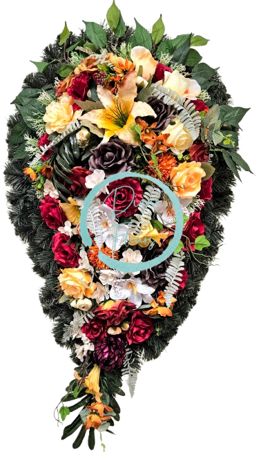 Smútočný veniec "Slza" umelé ruže, dálie, chryzantémy, ľalie, papraď a doplnky 110cm x 60cm
