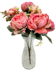 Buchet artificial de bujori, hortensie si accesorii 42cm roz, roșu