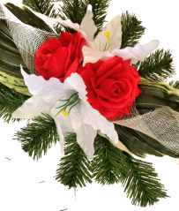 Sympathy arrangement made of artificial Roses, Lilies and Accessories 50cm x 27cm x 16cm