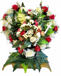 Nagrobni venec na stojalu Srce, vrtnice in potonike in dodatki 45cm x 40cm