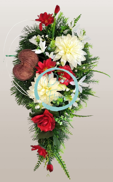 Composizione funebre in cemento con rose artificiali, dalie, margherite e accessori 60 cm x 30 cm x 20 cm AS742