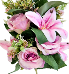 Buchet artificial exclusiv Trandafiri, Crini și accesorii x13 54cm x 30cm roz