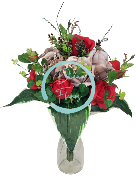 Künstliche Bunter Strauß Exclusive Rosen, Eukalyptus und Accessoires 50cm