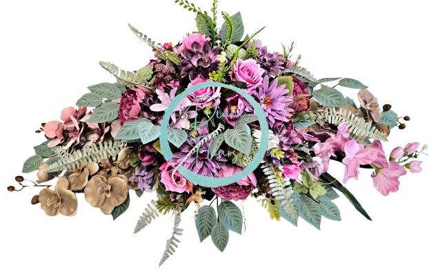 Veľký aranžmán umelé orchidey, ruže, gerbery, pivonky a doplnky 95cm x 45cm x 30cm