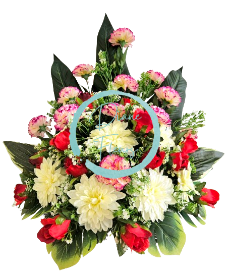 A beautiful sympathy arrangement made of artificial Carnations, Roses, Dahlias and Accessories 70cm x 45cm x 58cm