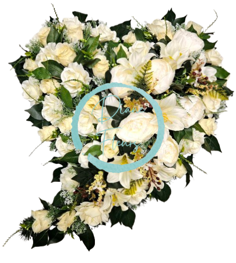 Temetési koszorú "szív" rózsákkal, bazsarózsával, liliommal és kiegészítőkkel 65cm x 65cm