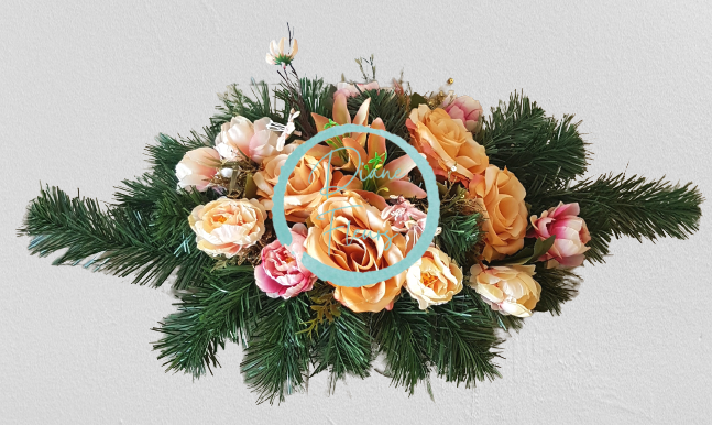 Aranjament bujori artificiali, trandafiri, crini şi accesorii 60cm x 25cm x 18cm