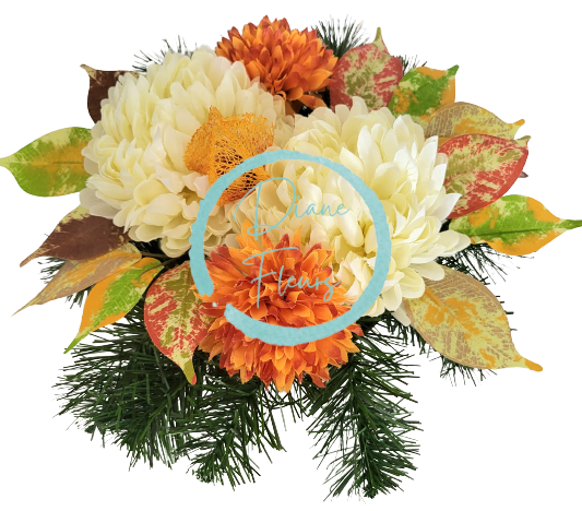 Smútočný aranžmán betonka umelé chryzantémy a doplnky 34cm x 17cm