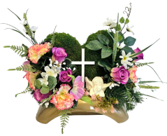 Trauergesteck aus künstliche Rosen, Nelken, Engel, Mooskranz und Zubehör 46cm x 20cm x 28cm