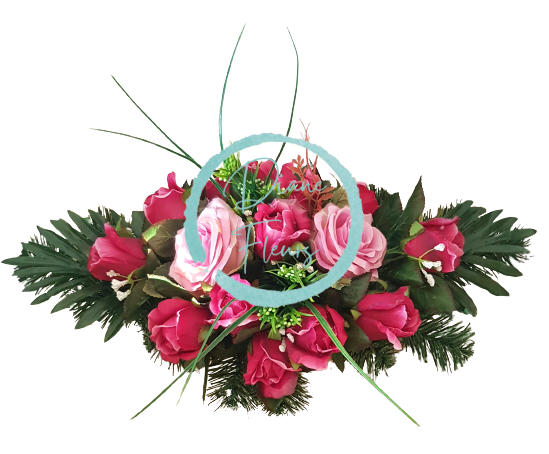 Krásný smuteční aranžmán betonka umělé růže a doplňky 53cm x 27cm x 23cm růžová, vínová AS321