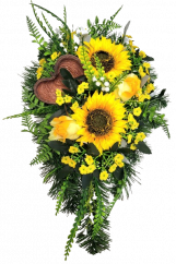 Sympathy arrangement made of artificial Sunflowers, Roses and Accessories 50cm x 28cm x 18cm