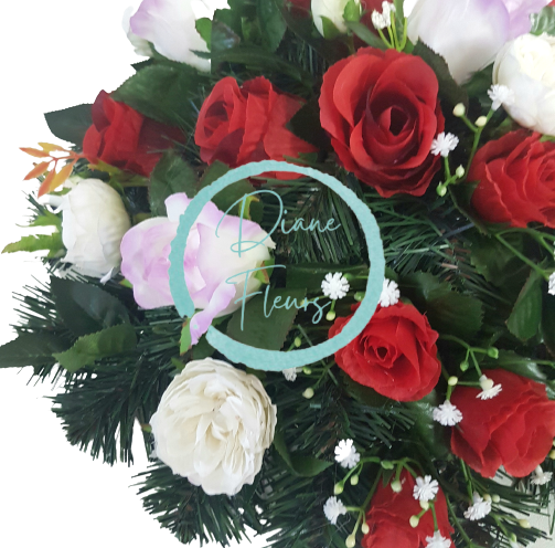 Wianek żałobny ze sztucznych róż i piwonii 44cm kolor czerwony, fioletowy, kremowy