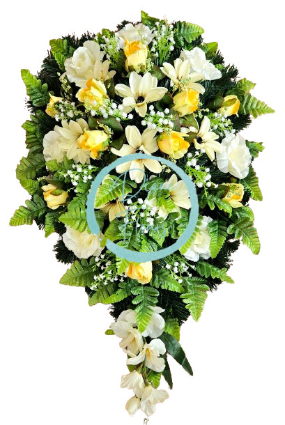 Coroana funerara „Lacrimă” din Clematis, Trandafiri, Rumohra si accesorii 95cm x 55cm