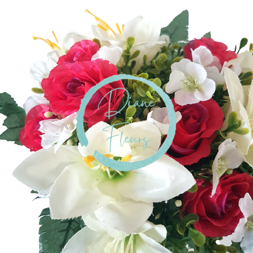 Buchet Trandafiri & Crini x13 roșu & crem 32cm flori artificiale