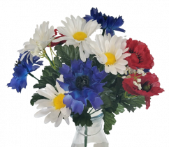 Artificial bouquet of daisies, poppies, cornflowers and accessories 31cm cream, blue, red
