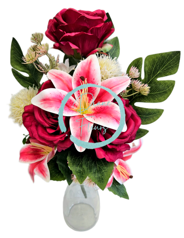 Buchet artificial exclusiv Trandafiri, Crini, Ciulin și accesorii x12 54cm x 30cm roșu, roz