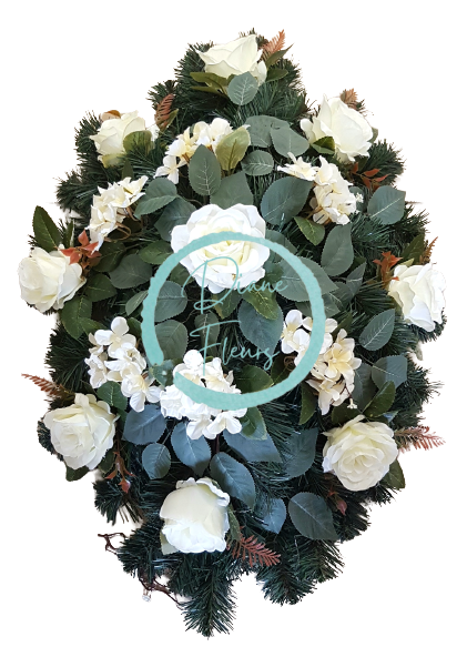 Smuteční věnec "ovál" z umělých růží, hortenzií a doplňky 75cm x 40cm krémový, zelený AS397