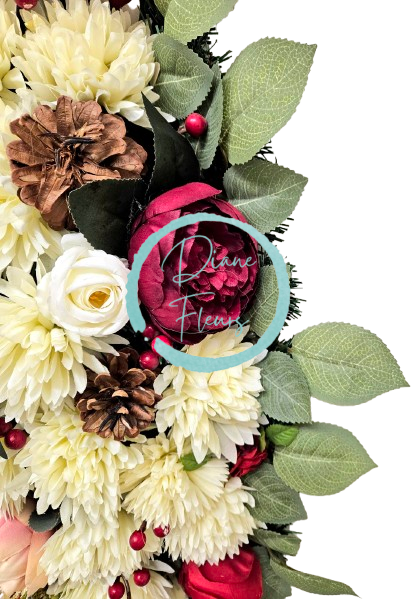 Smuteční věnec esíčko umělé růže, chryzantémy, pivoňky a doplňky 115cm x 45cm AS859