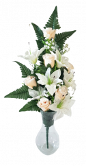 Umělá kytice plochá růže, lilie a doplňky x18  74cm x 35cm krémová a růžová