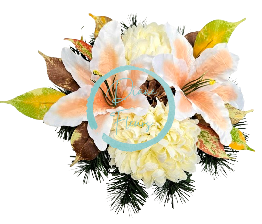 Aranžmán betonka umělé chryzantémy, lilie & doplňky 28m x 16cm AS863