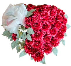 Smuteční věnec "Srdce" z Růží a listů Břízy 60cm x 60cm červená & zelená umělý