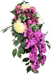Luxuriöse Trauergesteck aus künstliche Chrysanthemen, Pfingstrosen, Gänseblümchen, Orchideen und Zubehör 78cm x 30cm x 24cm