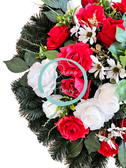 Umelý veniec ruže, margarétky a doplnky 70cm