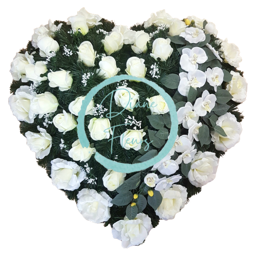 Pogrebni vijenac "Srce" od umjetnih ruža i orhideja 80cm x 80cm bijeli i krem