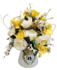 Decor frumos de trandafiri artificiali si orhidee intr-un ghiveci metalic 35cm x 30cm x 57cm