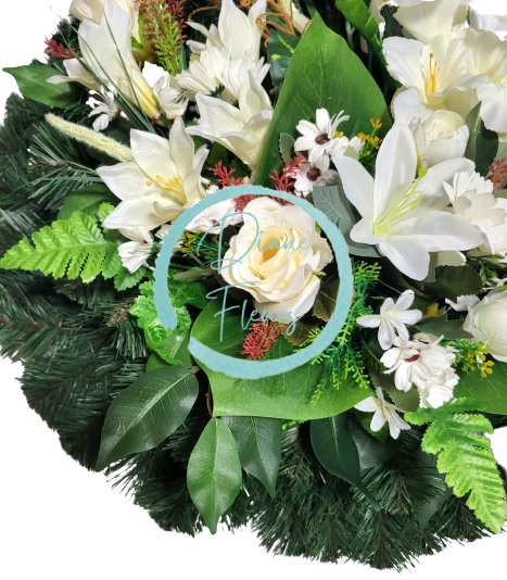 Koło wieńca żałobnego ze sztucznymi różami, liliami, mieczykami i dodatkami 60cm