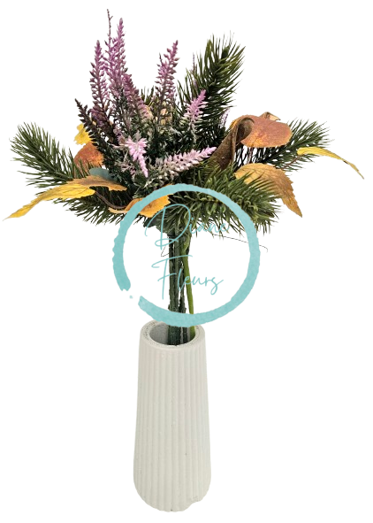 Podzimní umělá vázaná kytice vřes, jehličí a doplňky 25cm x 25cm