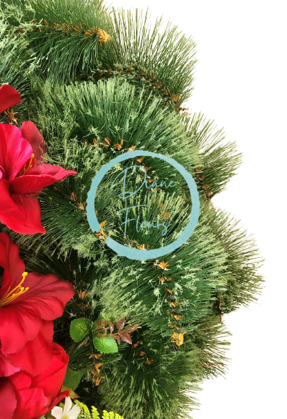 Smuteční věnec borovicový Exclusive Růže & Gladioly Mečíky & Pivoňky & Hortenzie & Doplňky 85cm AS511