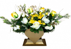 A beautiful sympathy arrangement in the shape of a heart made of artificial Marguerites Daisies, Roses and Accessories 65cm x 28cm x 35cm