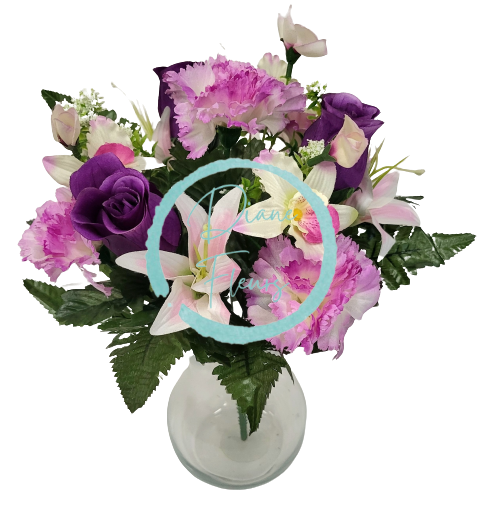 Buchet de trandafiri, garoafe, crini si orhidee x13 33cm violet flori artificiale