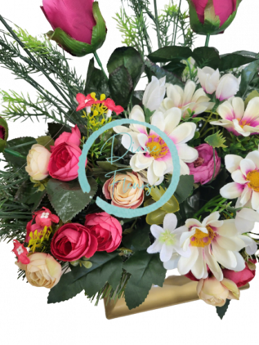 A beautiful sympathy arrangement in the shape of a heart made of artificial Marguerites Daisies, Roses, Camellias and Accessories 65cm x 28cm x 35cm