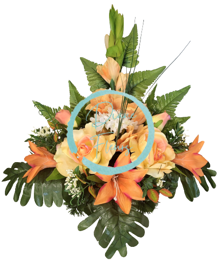 Smútočný aranžmán betonka umelé ruže, gladioly a doplnky 45cm x 22cm x 35cm