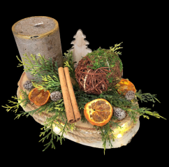 Weihnachtliche Adventskomposition mit Kerze, Weihnachtsbeleuchtung, Trockenfrüchten und Accessoires 24cm x 16cm x 11cm