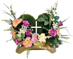 Kompozycja żałobna sztuczne róże, goździki, anioł, wieniec z mchu i akcesoria 46cm x 20cm x 28cm
