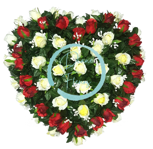 Coroană funerara „Inimă” din trandafiri 60cm x 60cm rosu & bej flori artificiale