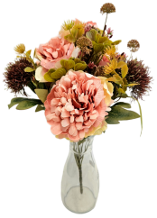 Gyönyörű műdália csokor és kiegészítők 46cm rózsaszín, barna, zöld