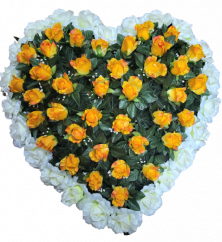 Coroana funerara „Inimă” din trandafiri 80cm x 80cm crem, portocaliu flori artificiale