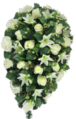 Coroană funerară cu trandafiri artificiali și crini 100cm x 60cm crem, verde