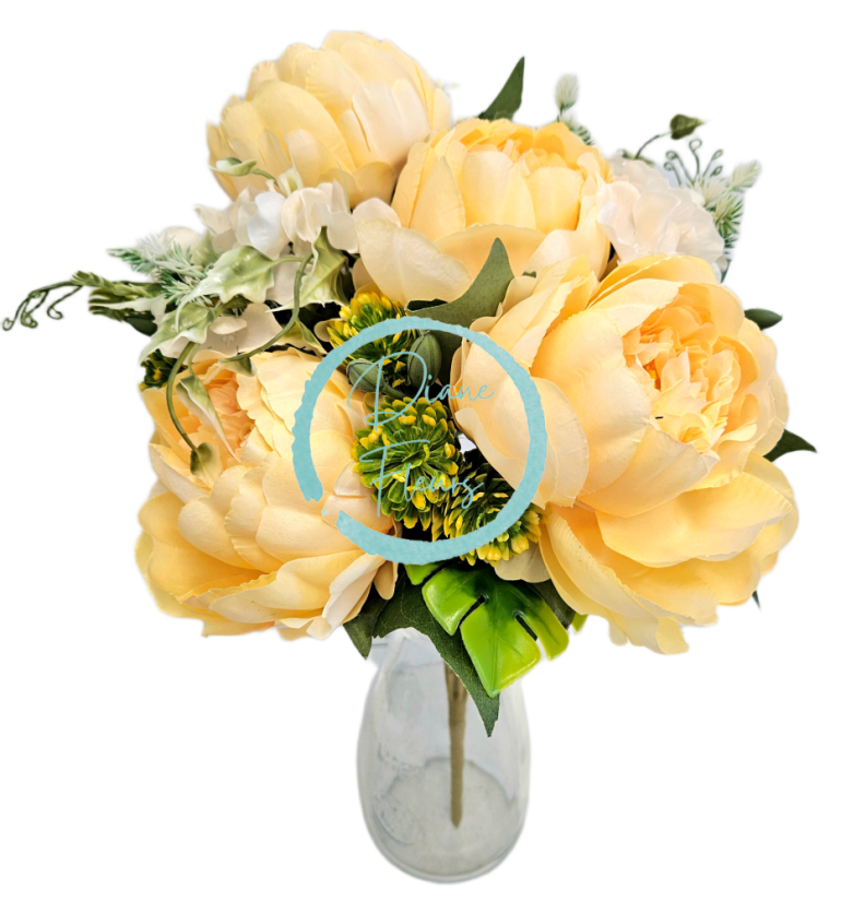 Bukiet piwonii i hortensji 46cm sztuczny żółty